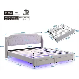 Flieks Polsterbett 180x200cm Doppelbett 2 Schubladen und Led, Stauraumbett Massivholzbett mit Lattenrost und Kopfteil, Funktionsbett Leinen, Grau - Grau
