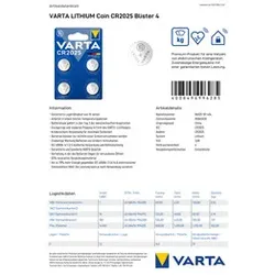 VARTA Knopfzellen-Batterie CR2025 4ST silber 06025 101 404 Lithium