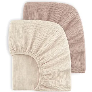 Bearmoss 2er Set Kinder Spannbettlaken,Musselin-Bettlaken 100% Baumwolle Baby-Bettlaken 60x120cm/140x70cm Reisebett Spannlaken Beistellbett Leintücher (Beige, 60x120cm)