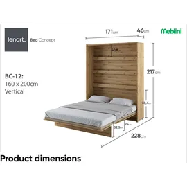 meblini Schrankbett, Eiche Artisan, Holzwerkstoff, 7-Zonen, Rechteckig, 160x200 cm, Schlafzimmer, Betten, Klappbetten