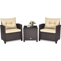 Goplus Balkonmöbel Set Polyrattan Gartenmöbel Tisch Stühle Lounge Kissen Beige - Beige