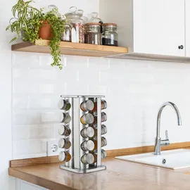 Relaxdays Gewürzkarussell mit 20 Gewürzgläsern, 360° drehbar, Edelstahl, Glas, Gewürzregal HxD 34 x 19 cm, eckig, silber,