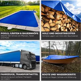 Rotfuchs Premium Abdeckplane mit Ösen 300 x 400 cm, 12m2 - 700 g/m2 PVC RipStop-Gewebe Reißfest & Wasserdicht Universell für Pool, LKW, Holz Gartenmöbel Abdeckung, Gewebeplane Blau 300 x 400 cm