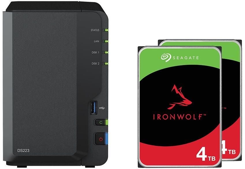 Synology DiskStation DS223 2 Einschübe NAS-Server Leergehäuse + 8TB (2x 4TB) Seagate Ironwolf SATA 3.5" HDD Festplatten