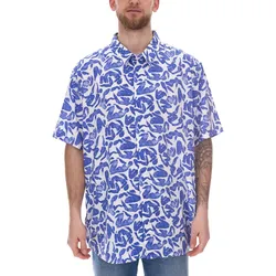 Herren Viskose-Hemd Kurzarm-Hemd mit Blumen-Print Sommer-Hemd Urlaubs-Shirt 945910 Weiß/Blau - 47-48
