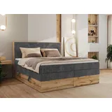 MKS Meble Boxspringbett WOOD CLASSIC KING, Doppelbett mit zwei Multipocket-Matratze und Toppper, hohe Kopfteil, Stauraum - 140 x 200 cm - H4 - Grau... - Grau