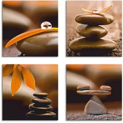 Artland Leinwandbild »Blumenblatt Tropfen Zen Pyramide Waage«, Zen, (4 St.), 4er Set, verschiedene Größen Artland Farbe Bild(er): braun