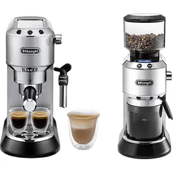 DELONGHI Dedica Style ECKG 6821.M - Barista Bundle aus Espresso Siebträger und Kaffeemühle 18 Mahlgrade, Espressomaschine Silber