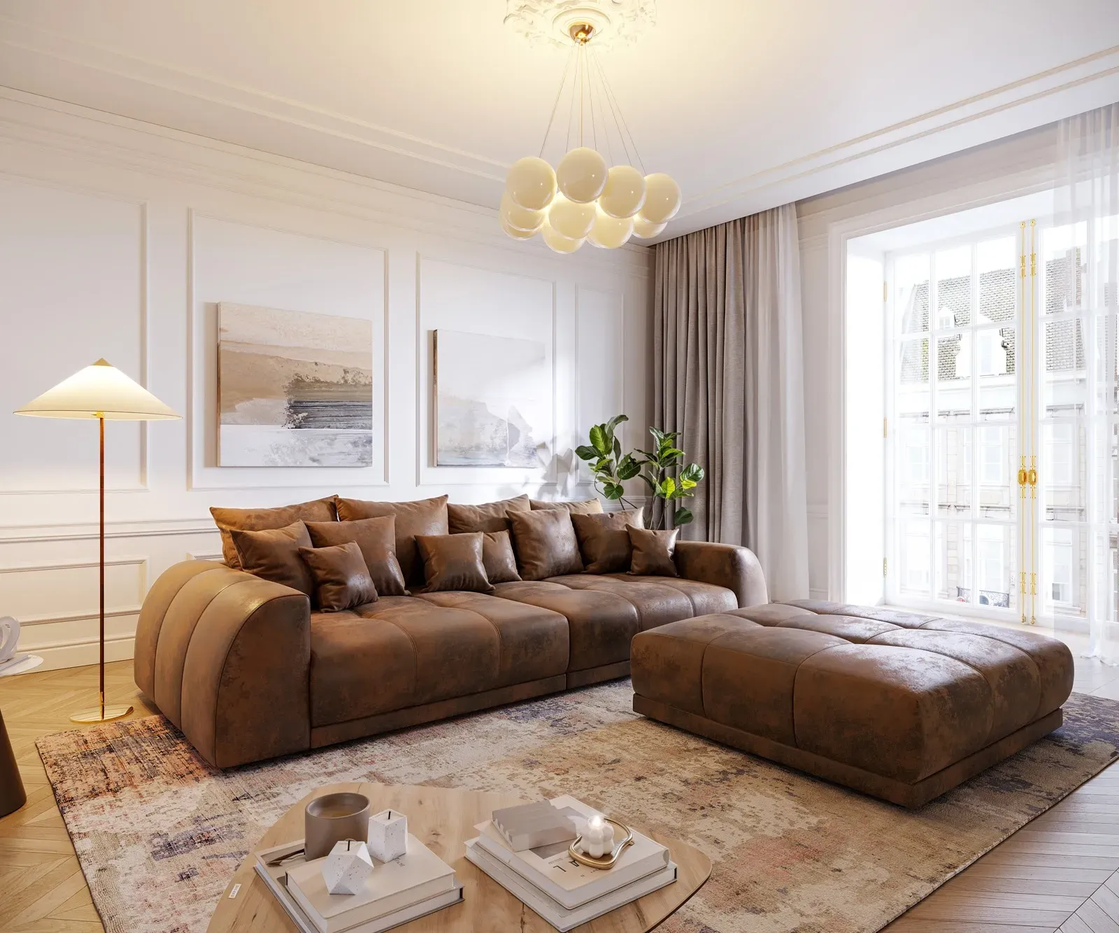 DELIFE Canapé Violetta 310x135 marron aspect antique coussin tabouret bigsofa, Grands canapés