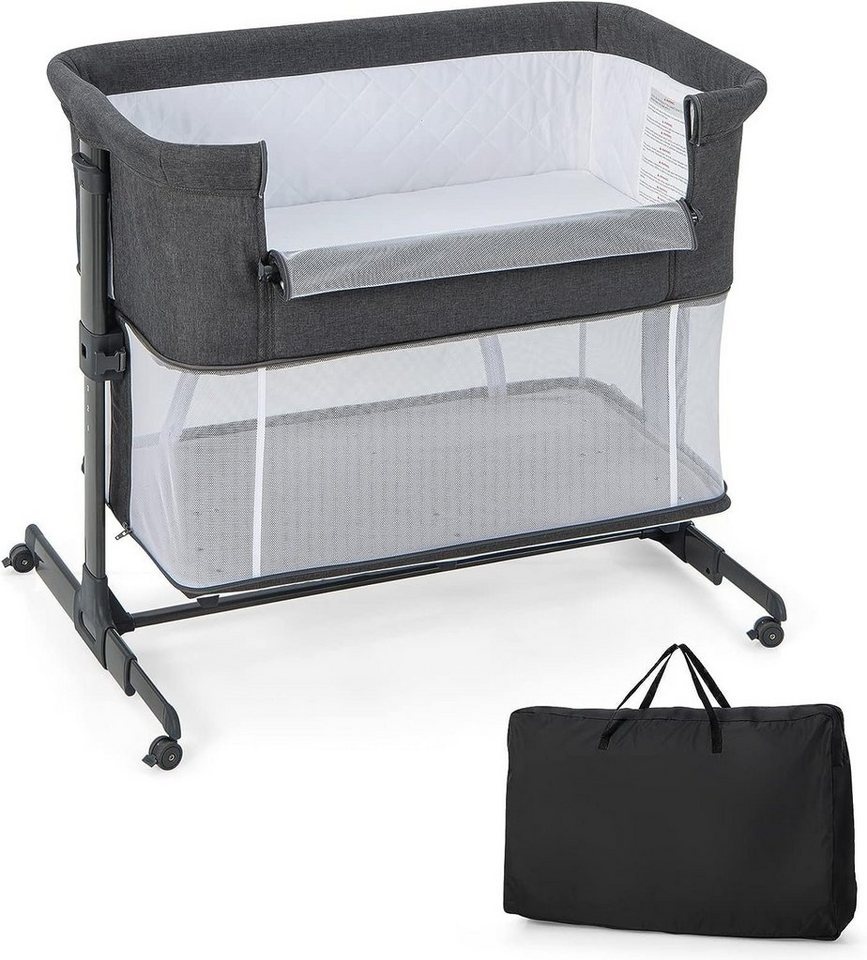 KOMFOTTEU Reisebett Kinderbett höhenverstellbar, für Baby von 0-6 Monaten bis zu 9kg grau