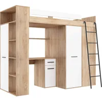 FurnitureByJDM Hochbett mit Schreibtisch, Kleiderschrank und Bücherregal - Verana R - (Eiche Sonoma/Weiß)