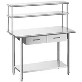 Vevor Gastronomie Arbeitstisch 1220 x 610 x 1400 mm, Edelstahltisch mit Grundboden & 2 Schubladen & Doppelaufsatzbord, Gewerblicher Vorbereitungstisch Werkbank für Restaurant Garage Küchentisch