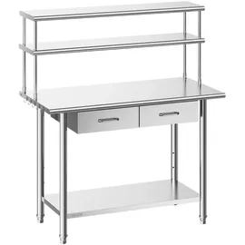 Vevor Gastronomie Arbeitstisch 1220 x 610 x 1400 mm, Edelstahltisch mit Grundboden & 2 Schubladen & Doppelaufsatzbord, Gewerblicher Vorbereitungstisch Werkbank für Restaurant Garage Küchentisch