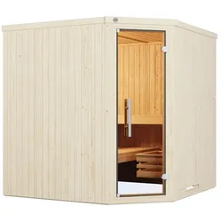 Weka Elementsauna Varberg 3 Trend Familiensauna mit Eckeinstieg & weiß lasierten Fronten - 68 mm Ganzglastür Ohne Ofen