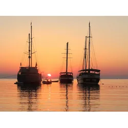 Fototapete PAPERMOON "SCHIFFE-SONNENAUFGANG WALD WALD MEER STRAND BOOTE SEE", bunt, B:3,50m L:2,60m, Vlies, Tapeten