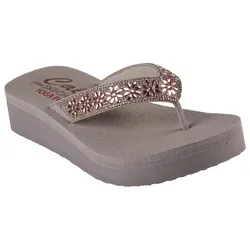 Zehentrenner SKECHERS "VINYASA-WILD DAISIES", Damen, Gr. 41, grau (taupe), Synthetik, Glitzer, elegant, Schuhe, mit Yoga Foam