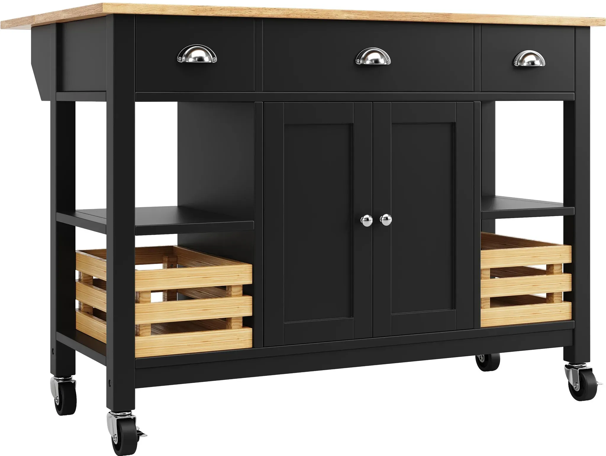 Moderne Kücheninsel mit klappbaren Seiten, multifunktionalem Stauraum, 120×45×90 cm, Schwarz+Naturfarbe