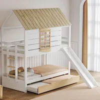 Flieks Etagenbett 90x200cm mit Ausziehbett, Kinderbett Hausbett mit Rutsche, Hochbett mit Dach und Fenstern, Stockbett mit Rausfallschutz, Holzfarbe - Weiß/Naturbelassen