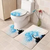 Bad Teppiche Set Blau Beige Baum Badezimmerteppich Waschbar WC Vorleger mit Ausschnitt und WC Deckelbezug 3 Teilig Badematte rutschfest Toilettensitzbezug Badgarnitur 45x75 cm
