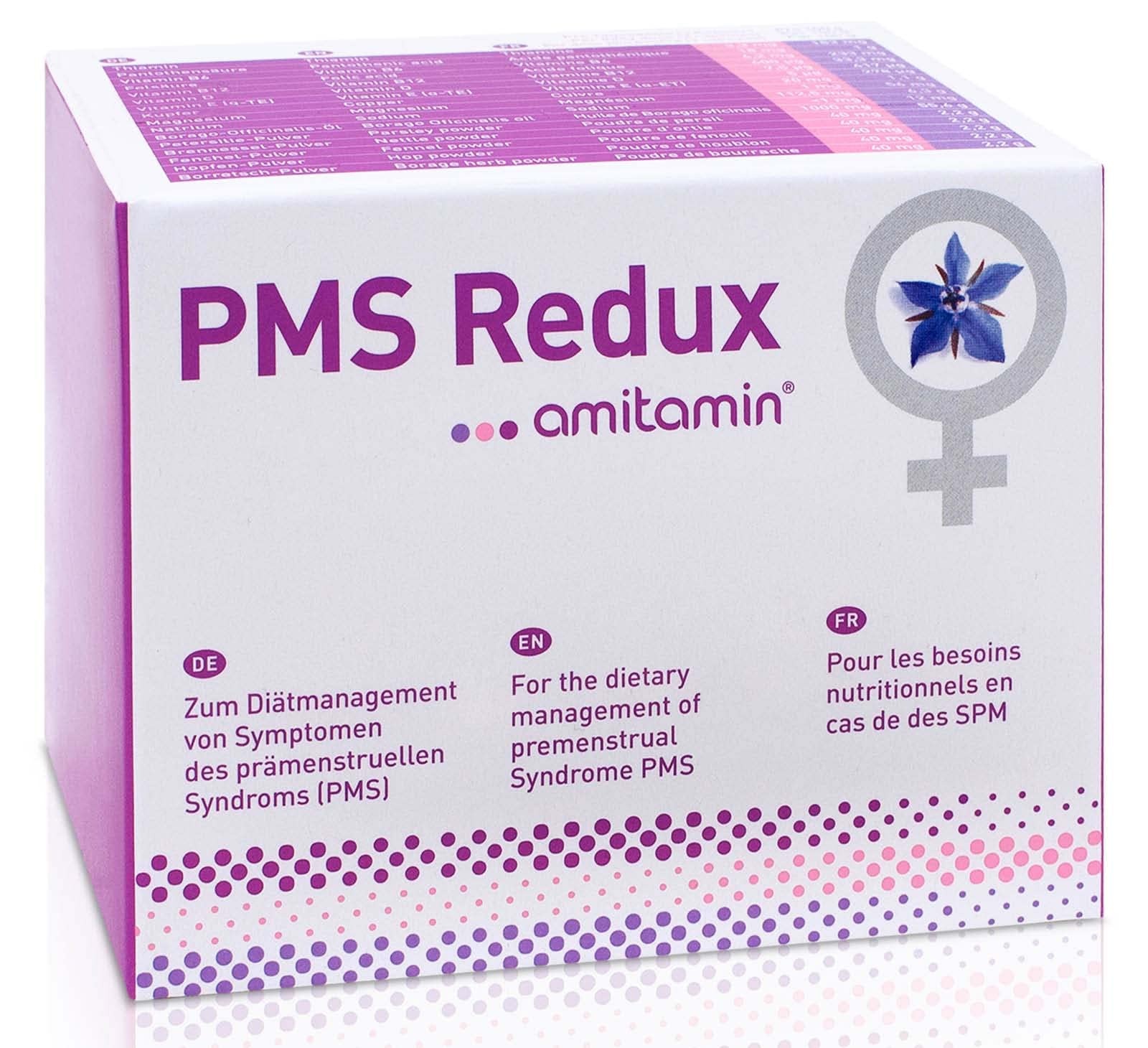 amitamin PMS Redux, 90 Kapseln, deutsche Apothekenqualität, klinisch getestet, zum Diätmanagement von Symptomen des prämenstruellen Syndroms (PMS)