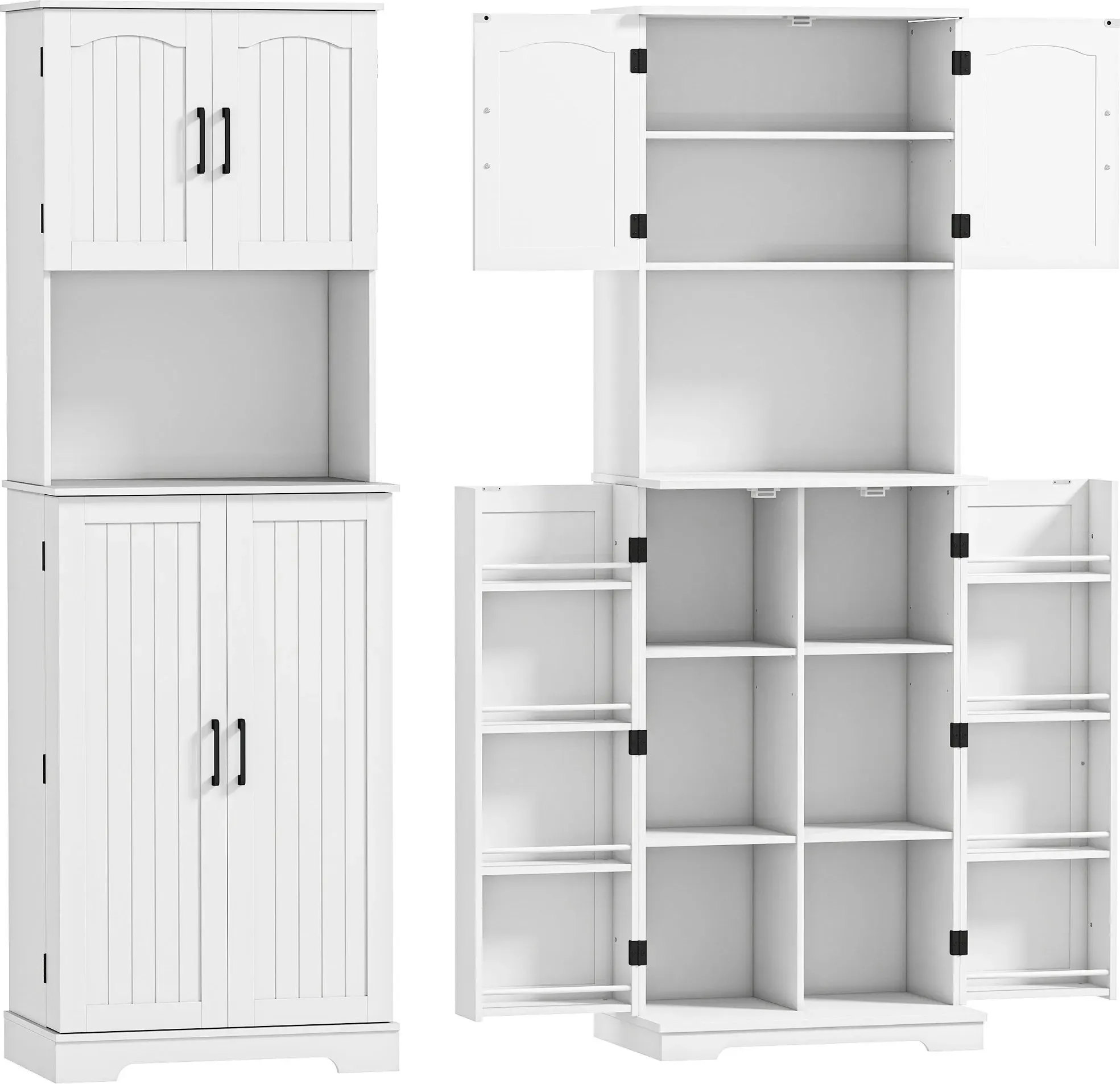 HOMCOM Hoher Küchenschrank 181.5 cm, Küchenmöbel mit 8 Gewürzhaltern an der Tür, 4 Türen, rustikaler Vorratsschrank mit verstellbaren Einlegeböden, Arbeitsfläche für Mikrowelle, für Esszimmer und Wohnzimmer, Weiß   Aosom