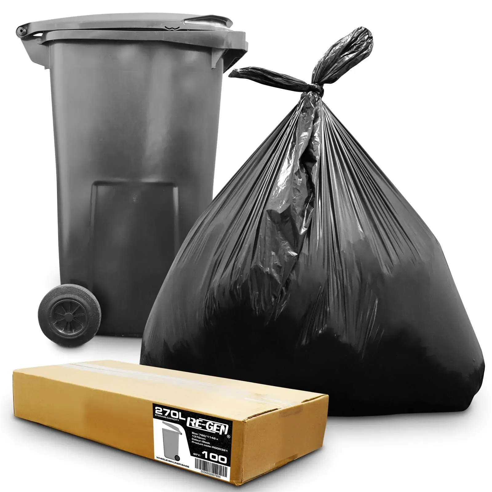 RE-GEN 100er-Pack | 1 komplett flach verpackte Box | 270 l, 20 kg Traglast, robuste schwarze Müllsäcke für Mülltonnen, für den täglichen Gebrauch, industrielle Stärke, hochwertige Müllsäcke für den Au