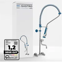 BE-GASTRO® I Profi Gastro Geschirrbrause Zweiloch "Premium" Wandarmatur inkl. Wasserhahn, Mischbatterie & ergonomischem Drehgriff | Gastrobrause mit Zubehör, Gastronomie Armatur, Wandanschluss blau