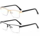 MMOWW 2er-Pack Lesebrille Herren Mit Blaulichtfilter, Rechteckige Halbrahmen Metall Lesebrillen Lesehilfe, Feder Scharnier Lesebrillen (Schwarz+Gold, +2,5)