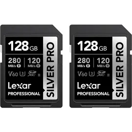 Lexar Silver PRO SD Karte 2x128GB, UHS-II SD Speicherkarte, V60, U3, C10, bis zu 280MB/s Lesen, 120MB/s Schreiben, SDXC-Karte für DSLR/Kamera/Fotografen/Videofilmer/Enthusiasten (LSDSIPR128G-B2NAA)