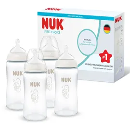 NUK First Choice Babyflaschen | 3+ Monate | 240 ml | Anti-Kolik-Babyflasche | Babyflaschen Babyflaschen Glas | Temperature Control Anzeige | Seepferdchen | 4 Stück