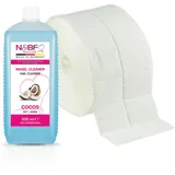 N&BF Nagel Cleaner Set mit Duft 500ml + 1000 Zelletten Cellulose Pads (2 Rollen à 500 Stück) - 70% Isopropanol-Alkohol – für Gelnägel – Nagelreiniger – kosmetisch rein in Studioqualität (Kokusnuss)