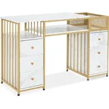 MCombo M MCombo Schreibtisch mit 6 Schubladen, Nageltisch aus Holz Metallgestell, Manikürtisch Marmor-weiß Gold, Schminktisch ohne Spiegel Modern, Compu... - Weiß