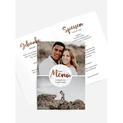 Menükarten zur Hochzeit selbst gestalten mit Spruch und Fotos im Onlinedesigner bei Meine-Kartenmanufaktur.de