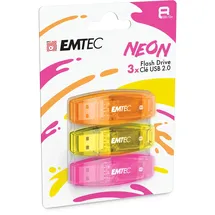 Emtec USB-Stick 2.0 C410, Flash-Laufwerk, 8 GB, Lesegeschwindigkeit 5 MB/S, Schreiben 15 MB/S, kompatibel mit USB 2.0, USB 3.0, Transparent, Neon, mit Kappe, 3 Stück Orange, Gelb, Rosa
