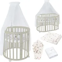 Waldin Babybett OWAL aus Holz 7in1 mit Matratze, mitwachsend,Stoffe