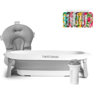 Twistshake Baby Badeset - 4er-Set | Faltbare Badewanne + Kissen + Spülbecher + 8x Quetschies von 220ml | Baby-Badezubehör | Leicht - Tragbar - Leicht zu reinigen | Ergonomisches Design | BPA/BPS-frei