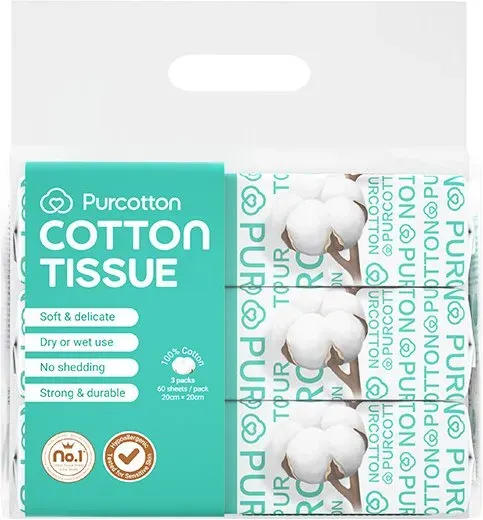 Purcotton Reines Baumwoll-Tuch, 180 Stück (60 Stück × 3 Packungen), dick und hautfreundlich, bevorzugt für Mutter und Baby