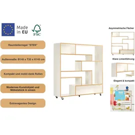 Andas Raumteilerregal "Sten, Bücherregal, Standregal, Regal, Raumteiler", weiß (weiß, natur), B:140cm H:143cm T:35cm, Regale, auf Rollen, mit viel Stauraum, FSC-zertifiziert