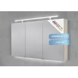 Intarbad Badezimmerspiegelschrank 3-türiger Spiegelschrank mit MULTI LED Acryl Aufsatzleuchte, dimmbar (Doppelspiegeltüren, Holz-/ Lackdekore, Maße von 120 bis 140 cm wählbar, Höhe 70 cm, Glasfachböden, Magnetleiste & Kosmetikspiegel Ø 12 cm) Vormontierte Lieferung, Floatglas, 160 kg Traglast, Made in Germany beige 120 cm x 70 cm x 13,5 cm