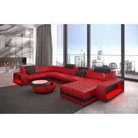 Sofa Dreams Wohnlandschaft Ledercouch Sofa Leder Berlin U Form Ledersofa, Couch, mit LED, wahlweise mit Bettfunktion als Schlafsofa, Designersofa rot|schwarz
