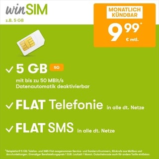 winSIM Handytarif z.B. Allnet Flat 5 GB – (Flat Internet 5G 5 GB, Flat Telefonie, Flat SMS und Flat EU-Ausland, 9,99 Euro/Monat, monatlich kündbar) oder andere Tarife