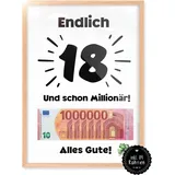 Inkl. Holzrahmen – Geschenk 18 Geburtstag Junge, Mädchen – 18. Geburtstag | Lustiges Geldgeschenk 18ter Geburtstag, Geschenkidee (Groß - DIN A4)