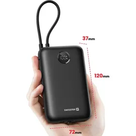 Swissten Swissten, Externer Akku 30000mAh Integrierte USB-C Lightning-Kabel LED-Anzeige, Schwarz - Schwarz