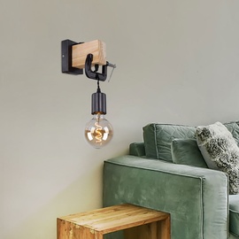 ETC Shop Wandleuchte hängend Wandlampe aus Holz mit Schraubzwinge schwarz, 1x E27, Textilkabel schwarz, 14x28x15cm, Flur Schlafzimmer Treppenhaus Wohnzimmer
