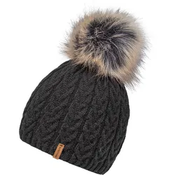 Bommelmütze CHILLOUTS "Tabea Hat", Damen, schwarz, Feinstrick, Materialmix, unifarben, Zopfmuster, Fellimitat, meliert, feminin,modisch, Mützen, mit abnehmbarem Kunstfell-Bommel