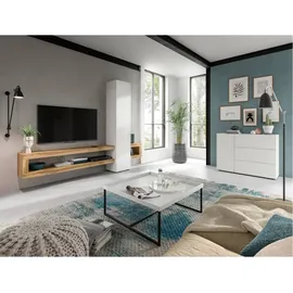 xonox.home Wohnzimmer Samba Wohnwand TV-Möbel Wohnkombination Wohnzimmermöbel Wohnzimmerschrank Möbelkombination Wohnzimmerset in weiß melamin Abs. Wotan Eiche ca. 240x190x35cm