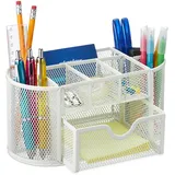 Relaxdays Stiftehalter, mit Schublade, Schreibtisch Organizer für Stifte, Metall Mesh, HBT ca. 10,5 x 22 x 11 cm, weiß