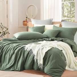 Lanqinglv Bettwäsche 200x220cm Grün Salbeigrün Microfaser Bettwäscheset Uni Unifarben Doppelbett Bettbezug mit Reißverschluss und 2 Kissenbezüge 80x80 cm - Einfach und Klassisch