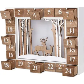 Brubaker Adventskalender Wald Holz Weiß Natur mit LED Beleuchtung 35,5 x 6 x 27 cm