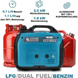 Könner & Söhnen LPG/Benzin-Inverter-Generator KS 2100iG S Inverter Stromerzeuger Stromaggregat Generator 2000W